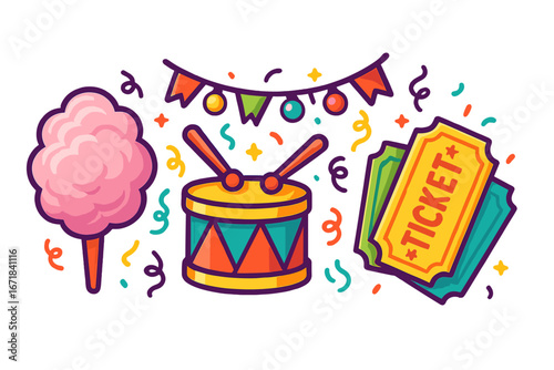 Colorful carnival icons featuring cotton candy, a drum, and tickets. Vector funfair, amusement park and festival elements. Festive cartoon illustration for celebration design.