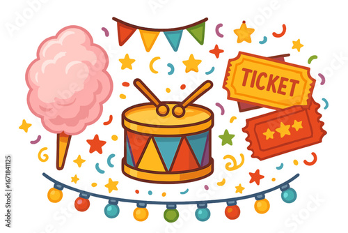 Carnival festive icons set with cotton candy, drum, and tickets. Fair, circus, and festival celebration concept with colorful decorations, lights, and garland. Vector illustration.