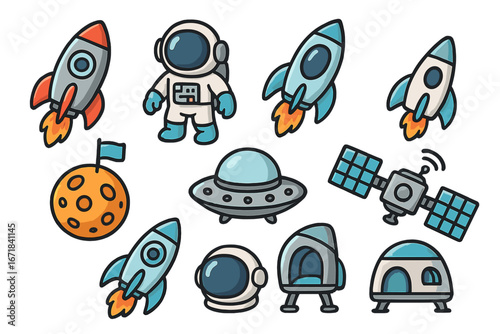 Space exploration icon set. Vector cartoon astronaut, rocket, planet, ufo, satellite, and helmet. Futuristic graphic element collection for kids. Doodle style space travel icons.