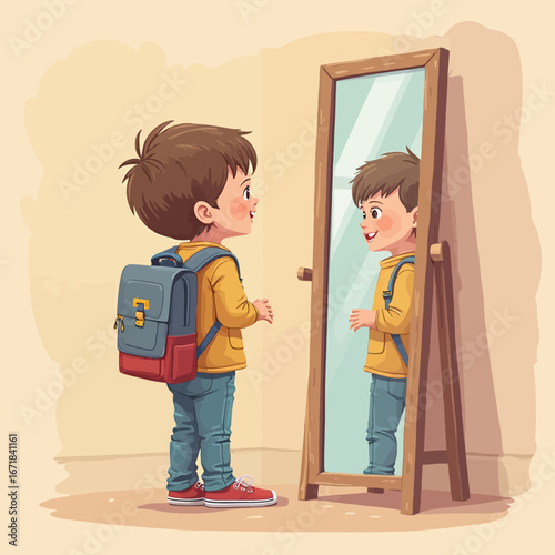 A young boy, wearing a backpack, stands before a full-length mirror, gazing at his reflection with a cheerful expression.