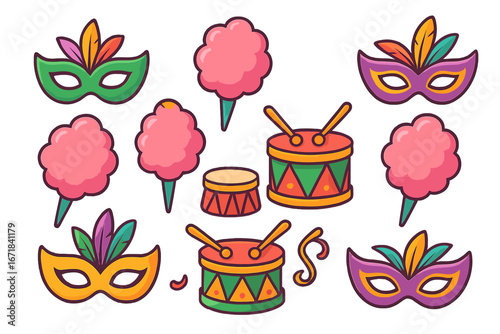 Carnival icon set with mask, cotton candy, and drum. Festive celebration elements for a party, parade, or festival. Vector cartoon graphics for a masquerade event or holiday design.
