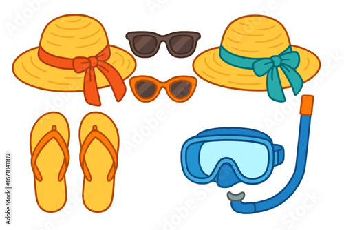 Set of summer beach vacation essentials. Flat lay concept with sun hats, sunglasses, flip flops and snorkeling gear. Travel and holiday accessories. Vector cartoon illustration.