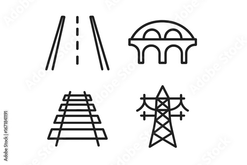 Infrastructure and transportation outline icon set. Vector symbols for road, highway, bridge, railway, and power lines. Civil engineering and public services concept icons.