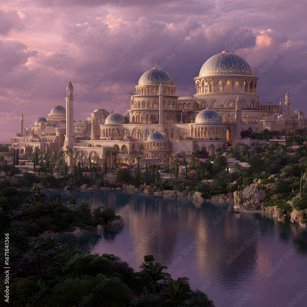 Fototapeta premium Glowing Fantasy Mosque with Golden Domes by the River