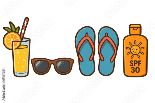 Summer beach vacation essentials icon set. Travel holiday collection with drink, sunglasses, flip flops, sunscreen. Sun protection concept. Vector cartoon illustration.