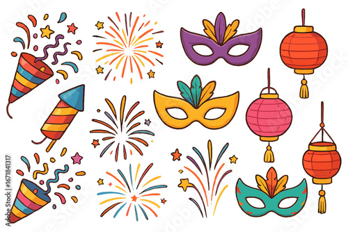 Colorful celebration vector set. Party poppers, fireworks, carnival masks, and paper lanterns. Festive icons for New Year, Mardi Gras, or birthday. Cartoon illustration.