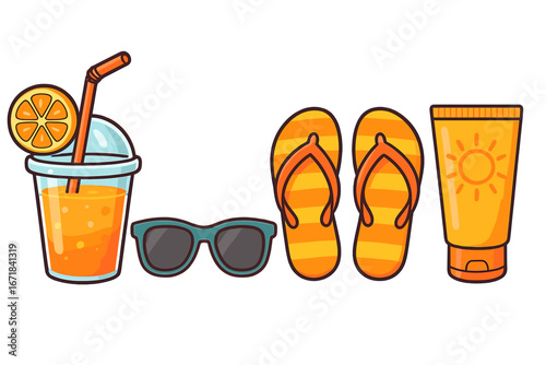 Summer vacation beach essentials icon set. Vector cartoon illustration of orange juice, sunglasses, flip flops and sunscreen. Travel holiday concept isolated on white background.