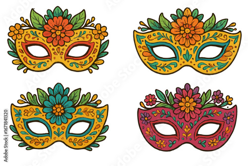 Set of vibrant carnival masks with floral decoration. Vector illustration for masquerade, festival, holiday celebration. Ornate traditional pattern for party or cultural event design.