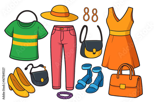 Fashion clothes accessories set. Vector cartoon collection of woman summer apparel. Outfit with dress, shirt, pants, handbag, hat, shoes. Wardrobe items for shopping or style.