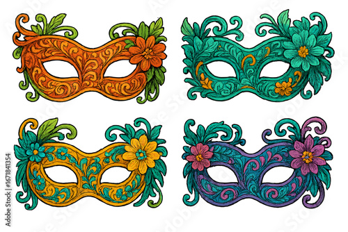 Set of four intricate carnival masks with floral designs. Vector illustration for masquerade, festival, or celebration. Ornate, colorful Venetian face masks with detailed patterns.