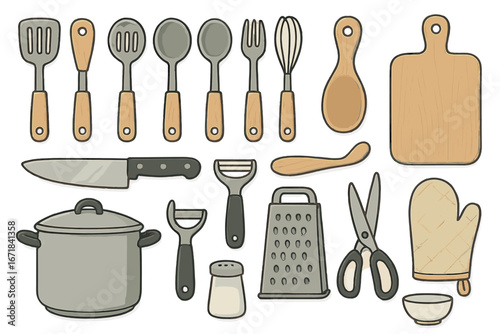 Set of kitchen utensils and cooking tools. Vector cartoon illustration of kitchenware essentials for culinary activities. Cook equipment icons: pot, knife, spoon, grater, whisk.