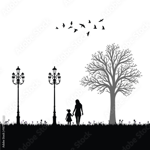 Mother and child walking hand in hand under flying birds and streetlights