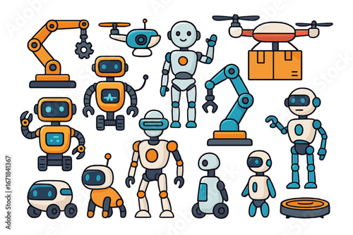 Robot and drone vector set. Future automation technology concept. Artificial intelligence, robotics innovation. Collection of cute cartoon bots, androids, industrial arm, delivery drone.