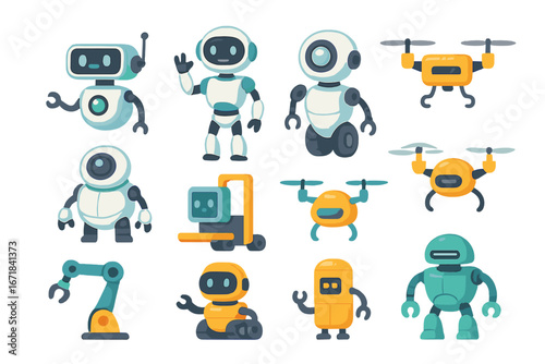 Robot and drone character set. Vector collection of cute modern robots, androids, and quadcopters. Automation technology, AI, and futuristic industrial concepts. Cartoon mascot icons.
