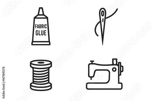 Sewing and tailoring line icon set. Vector outline symbols for textile crafts, haberdashery, DIY, needlework, mending, stitching. Includes fabric glue, sewing needle, thread spool, and machine.