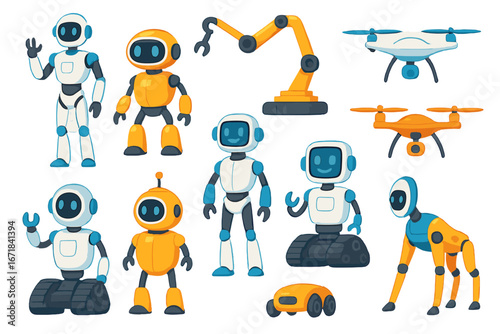Colorful collection of various cute robots, androids, and drones. Vector set showcasing automation technology, AI, and futuristic robotics. Modern cartoon characters isolated.