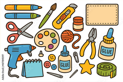 Craft supplies and DIY tools icon set. Handmade creativity concept. Art and hobby equipment like scissors, glue, paint and brush. Vector cartoon illustration for workshop fun.