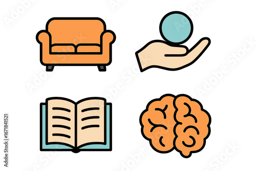 Mental health and psychology icon set. Vector cartoon illustration of therapy concepts. Brain for mind, couch for psychiatrist, book for knowledge, and hand for support.