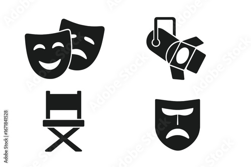 Theater icon set. Solid glyphs for drama and cinema. Vector of comedy and tragedy masks, stage light, director chair. Performance, show, acting, and entertainment concept.