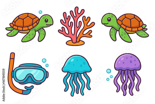 Set of cute cartoon marine life icons. Colorful sea animals collection with turtle, jellyfish, coral reef and snorkeling mask. Underwater adventure vector illustration for kids.