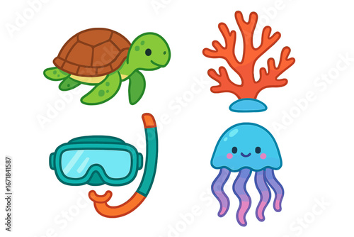 Cute sea life icon set. Cartoon marine animals. Underwater adventure collection with turtle, jellyfish, coral reef and snorkel mask. Vector illustration for kids. Isolated.