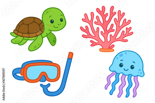 Cute sea life icon set. Marine animal collection with turtle, jellyfish, coral reef. Snorkeling mask for summer vacation adventure. Underwater ocean cartoon vector illustration.