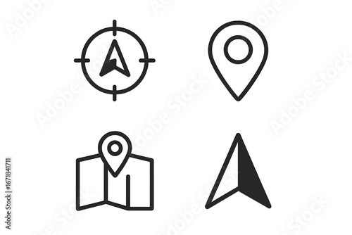 Navigation map outline icon set. GPS direction, location pin, and travel route symbols. Compass, pointer, and destination marker for digital use and user interface.