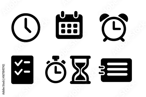 Time management vector icons set. Solid filled icons of clock, calendar, alarm, checklist, stopwatch, hourglass, planner. Productivity, deadline, organization, reminder, schedule, agenda, planning