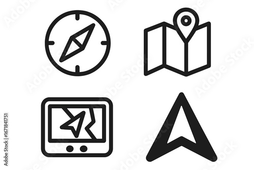 Navigation map outline icon set. Compass, location pin, GPS navigator and arrow symbol. Direction, travel, and route finding vector icons for digital web and app interface.