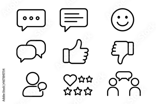 Communication and feedback line icon set. Message, review, and rating symbols. Social media interaction outline icons for UI. Like, dislike, comment, and chat vector collection.