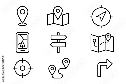 Navigation line icon set. GPS, location, map, and direction concepts. Vector symbols for travel, route, destination, compass, and journey. Outline path and pinpoint signs.