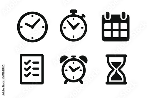 Time management icon set. Solid glyph icons for productivity, efficiency, and organization. Includes clock, timer, calendar, checklist, alarm, and hourglass symbols. Vector.
