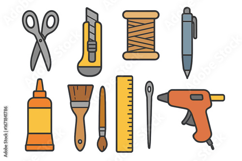 Vector set of crafting tools for DIY projects. Creative hobby supplies collection with scissors, glue gun, thread, ruler, brush, and cutter. Art and craft icon pack illustration.