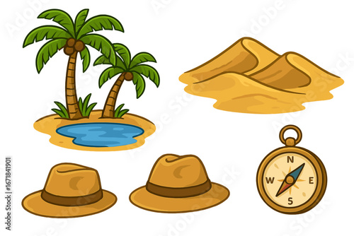 Desert adventure icon set with oasis, palm trees, sand dunes, explorer hat, compass. Vector cartoon symbols for safari, travel, tourism, and nature exploration concept.
