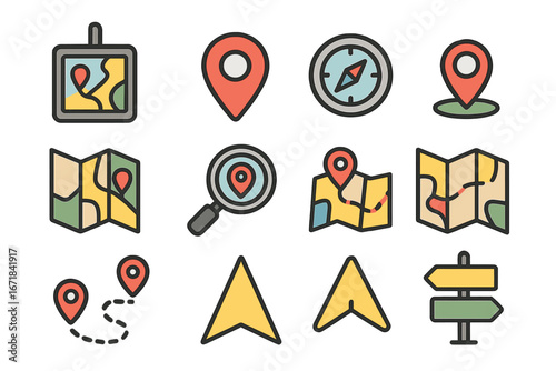 Navigation and map flat icon set. GPS, location, compass, direction icons collection. Vector cartoon illustration for travel, destination, route, and journey concepts.