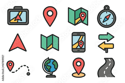 Navigation and map flat icon set. Gps, location, compass, and direction vector icons collection. Mobile travel, road trip, and destination route finding symbols. Geolocation pin.