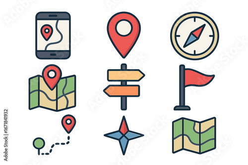 Navigation and map flat icon set. GPS, location, and direction symbols collection. Vector concepts for travel, destination, route finding, and geography. Compass, pin, and guide.