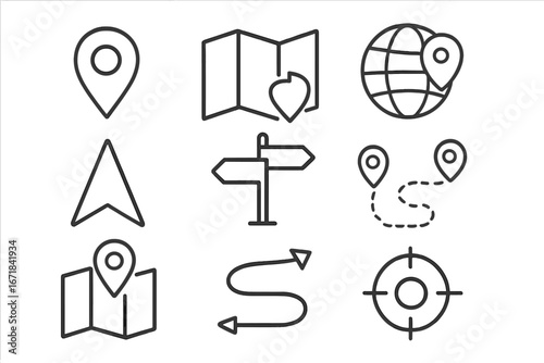 Navigation and map line icon set. Location, direction, path icons. Vector collection for GPS, travel, route, destination, position, pin, pointer, and user interface design.