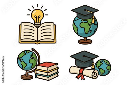Education icon set with globe, graduation cap, and book. Global learning, knowledge, and academic achievement concept. Vector cartoon illustration for school or university.