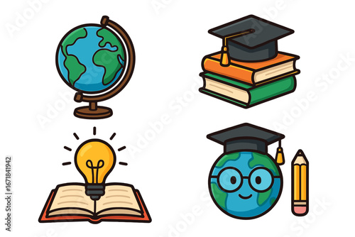 Education icon set. Global learning, knowledge and graduation concept. Cartoon vector illustration with globe, books, graduation cap, lightbulb idea and cute earth character.