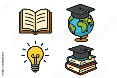 Education icons for learning, knowledge, and global study. Vector set with graduation cap on globe, books, and idea lightbulb. University and school concepts illustration.