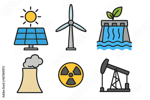Energy sources icon set. Renewable green power vs non-renewable fossil fuel symbols. Solar panel, wind turbine, hydroelectric dam, nuclear power, oil pump, factory pollution vector.