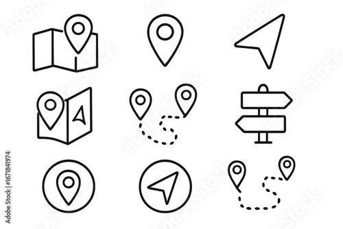 Navigation and map line icon set. Location, direction, and path finding symbols. GPS pointer, destination pin, and route guide for travel and tourism. Vector linear collection.