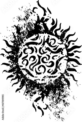 High contrast sun tribal stencil with ink spatter for urban design