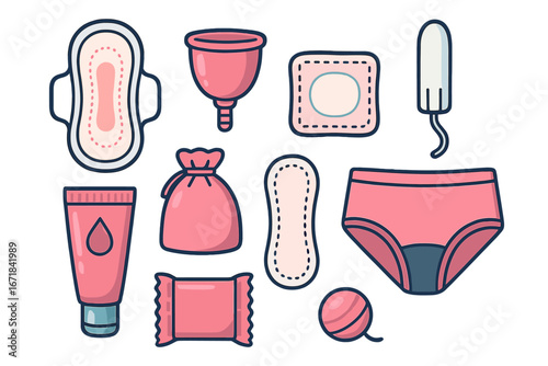 Feminine hygiene vector icon set for menstrual care. Collection of period products: sanitary pad, tampon, menstrual cup, and panties. Flat cartoon illustration concept.