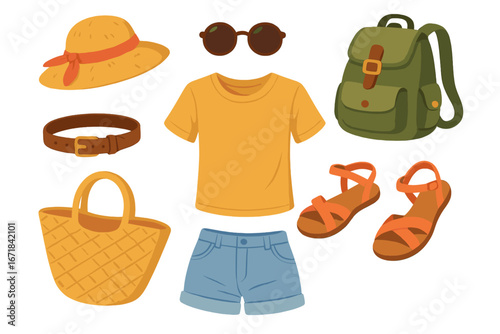Summer travel essentials and vacation clothes set. Woman fashion outfit with t-shirt, shorts, straw hat, sunglasses, sandals, bag and backpack. Vector cartoon flat lay illustration.