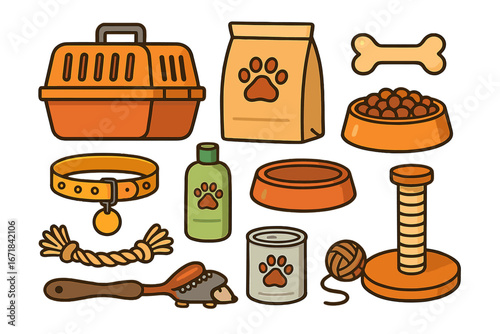 Pet shop icon set. Vector cartoon collection of dog and cat accessories. Animal care supplies including food, toys, collar, carrier, and grooming items. Isolated illustration.