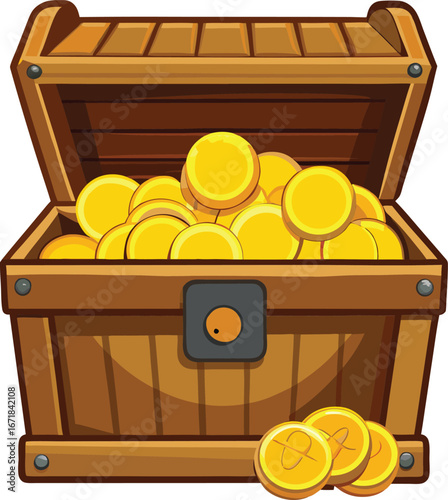 A detailed illustration of a wooden treasure chest overflowing with sparkling gold coins and jewels