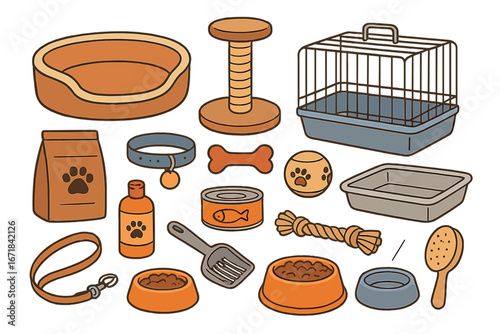Vector set of pet shop icons. Dog and cat accessories and supplies for animal care. Food, toys, carrier, collar, leash, bowl, scratching post. Cartoon flat illustration.
