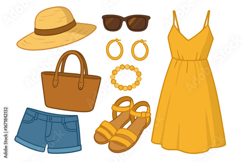 Summer fashion set with women's clothes and accessories. Vacation outfit lookbook with yellow dress, denim shorts, sandals, straw hat, tote bag, sunglasses and jewelry. Vector.